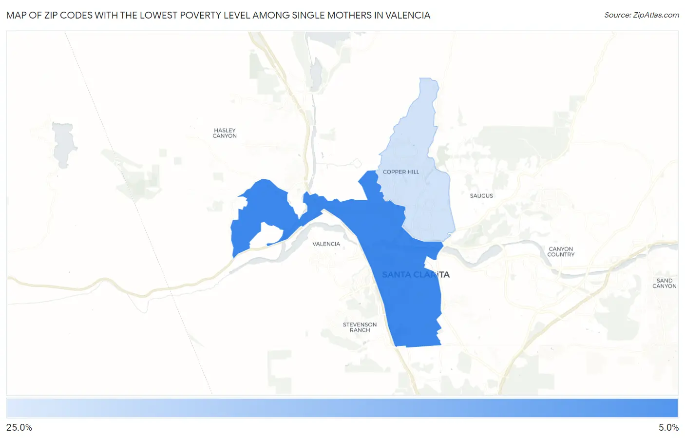 Zip Codes with the Lowest Poverty Level Among Single Mothers in Valencia Map