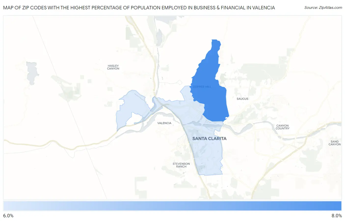 Zip Codes with the Highest Percentage of Population Employed in Business & Financial in Valencia Map