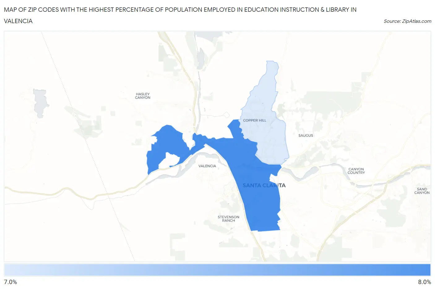 Zip Codes with the Highest Percentage of Population Employed in Education Instruction & Library in Valencia Map