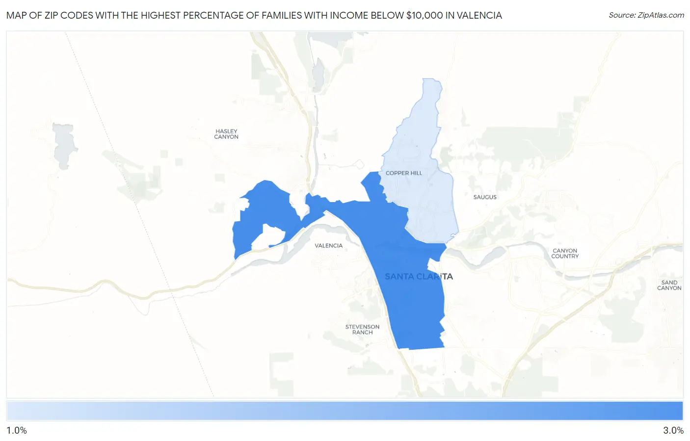 Zip Codes with the Highest Percentage of Families with Income Below $10,000 in Valencia Map