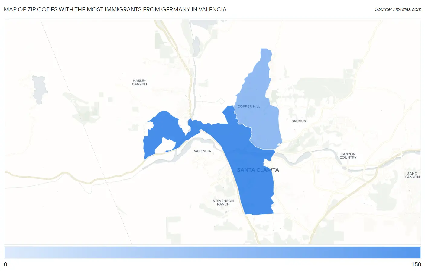 Zip Codes with the Most Immigrants from Germany in Valencia Map