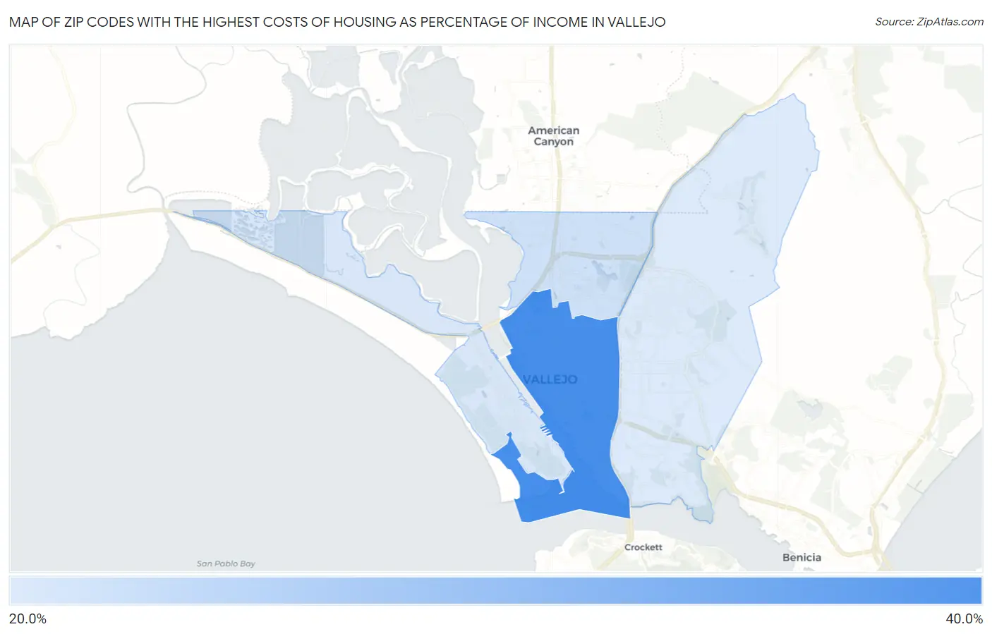 Zip Codes with the Highest Costs of Housing as Percentage of Income in Vallejo Map
