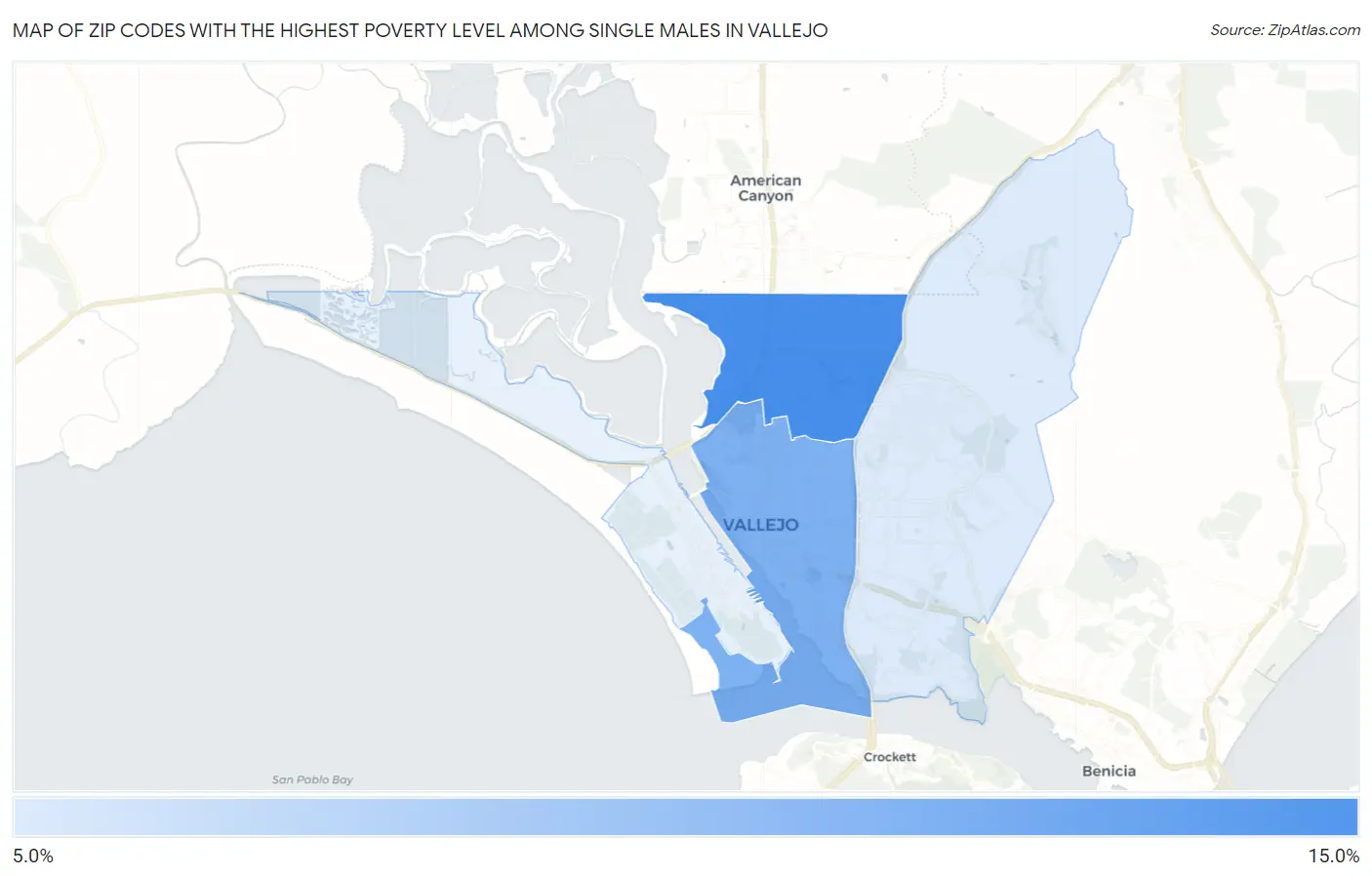Zip Codes with the Highest Poverty Level Among Single Males in Vallejo Map