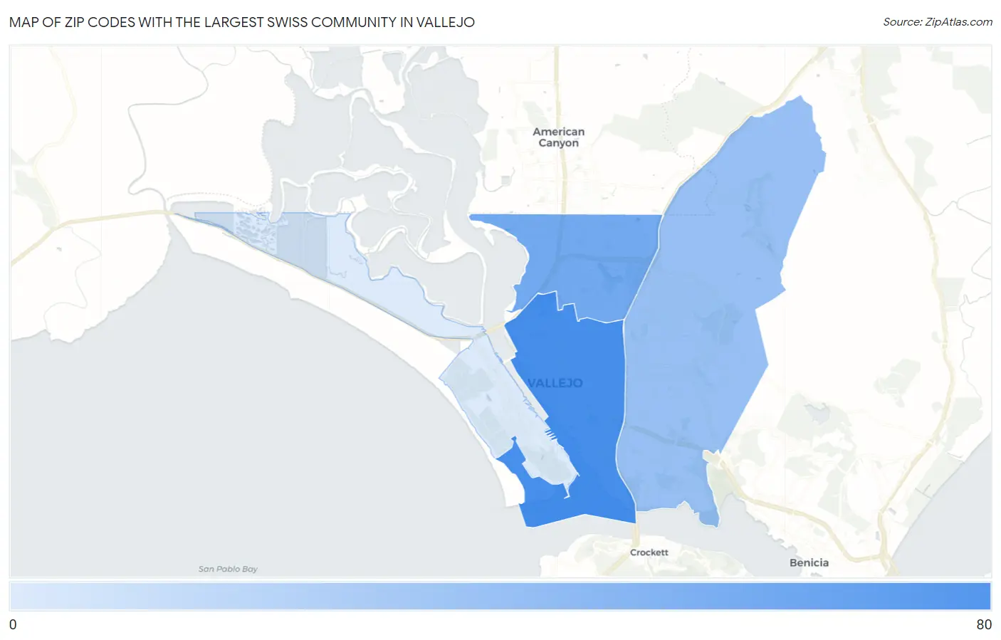 Zip Codes with the Largest Swiss Community in Vallejo Map