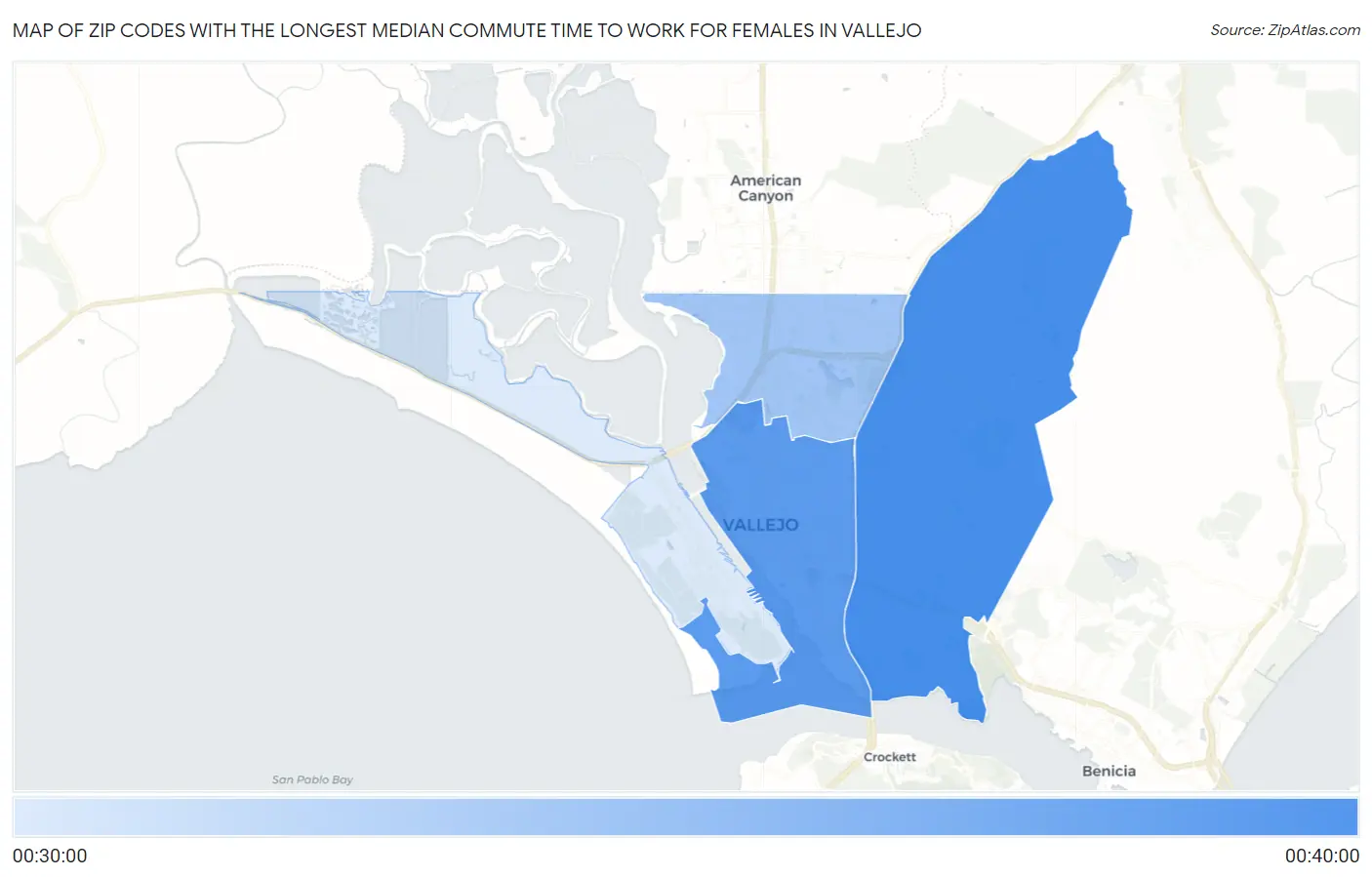 Zip Codes with the Longest Median Commute Time to Work for Females in Vallejo Map