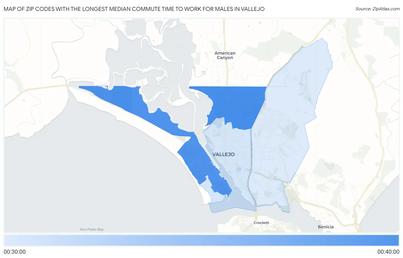 Zip Codes with the Longest Median Commute Time to Work for Males in Vallejo Map