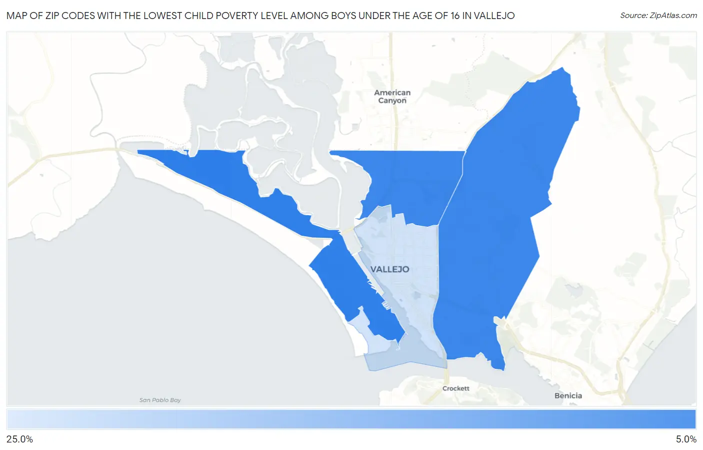 Zip Codes with the Lowest Child Poverty Level Among Boys Under the Age of 16 in Vallejo Map