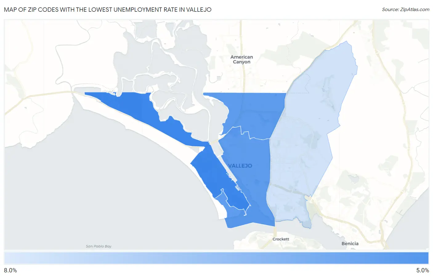 Zip Codes with the Lowest Unemployment Rate in Vallejo Map