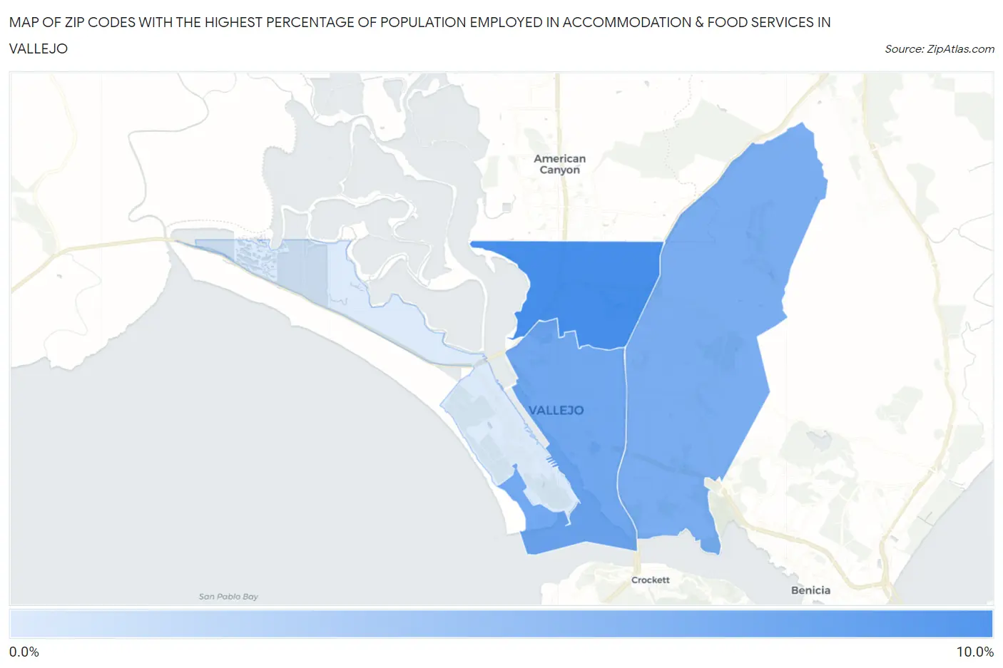 Zip Codes with the Highest Percentage of Population Employed in Accommodation & Food Services in Vallejo Map