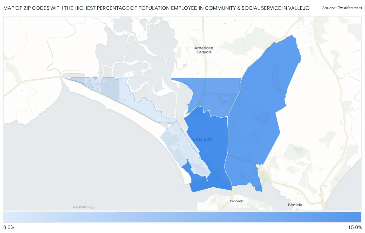 Zip Codes with the Highest Percentage of Population Employed in Community & Social Service  in Vallejo Map
