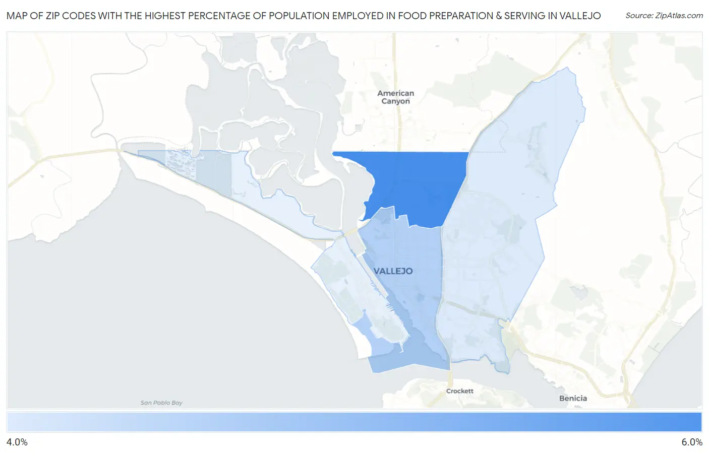 Zip Codes with the Highest Percentage of Population Employed in Food Preparation & Serving in Vallejo Map