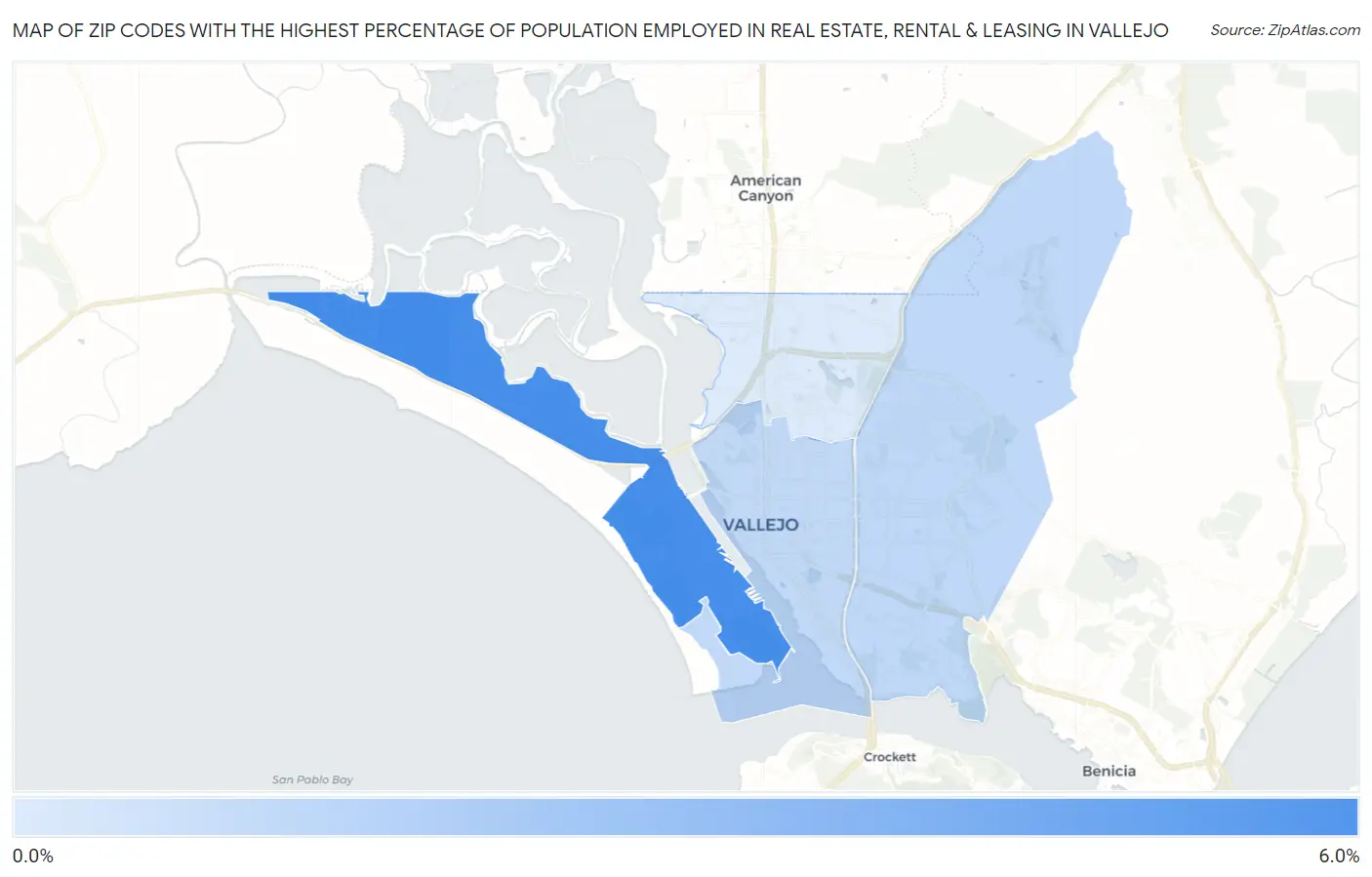 Zip Codes with the Highest Percentage of Population Employed in Real Estate, Rental & Leasing in Vallejo Map