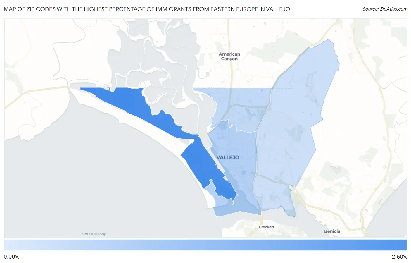 Zip Codes with the Highest Percentage of Immigrants from Eastern Europe in Vallejo Map