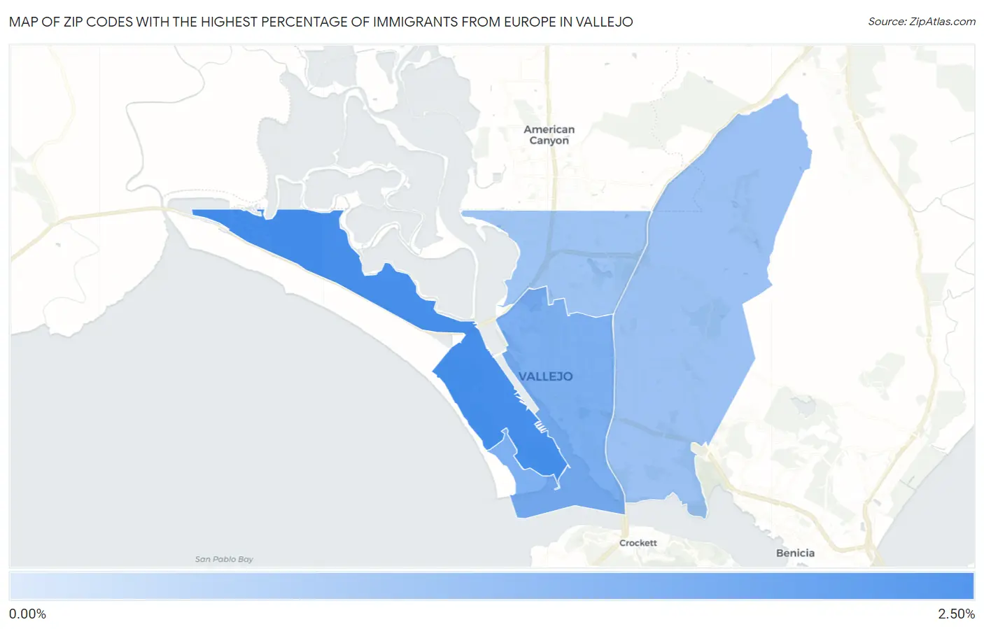 Zip Codes with the Highest Percentage of Immigrants from Europe in Vallejo Map