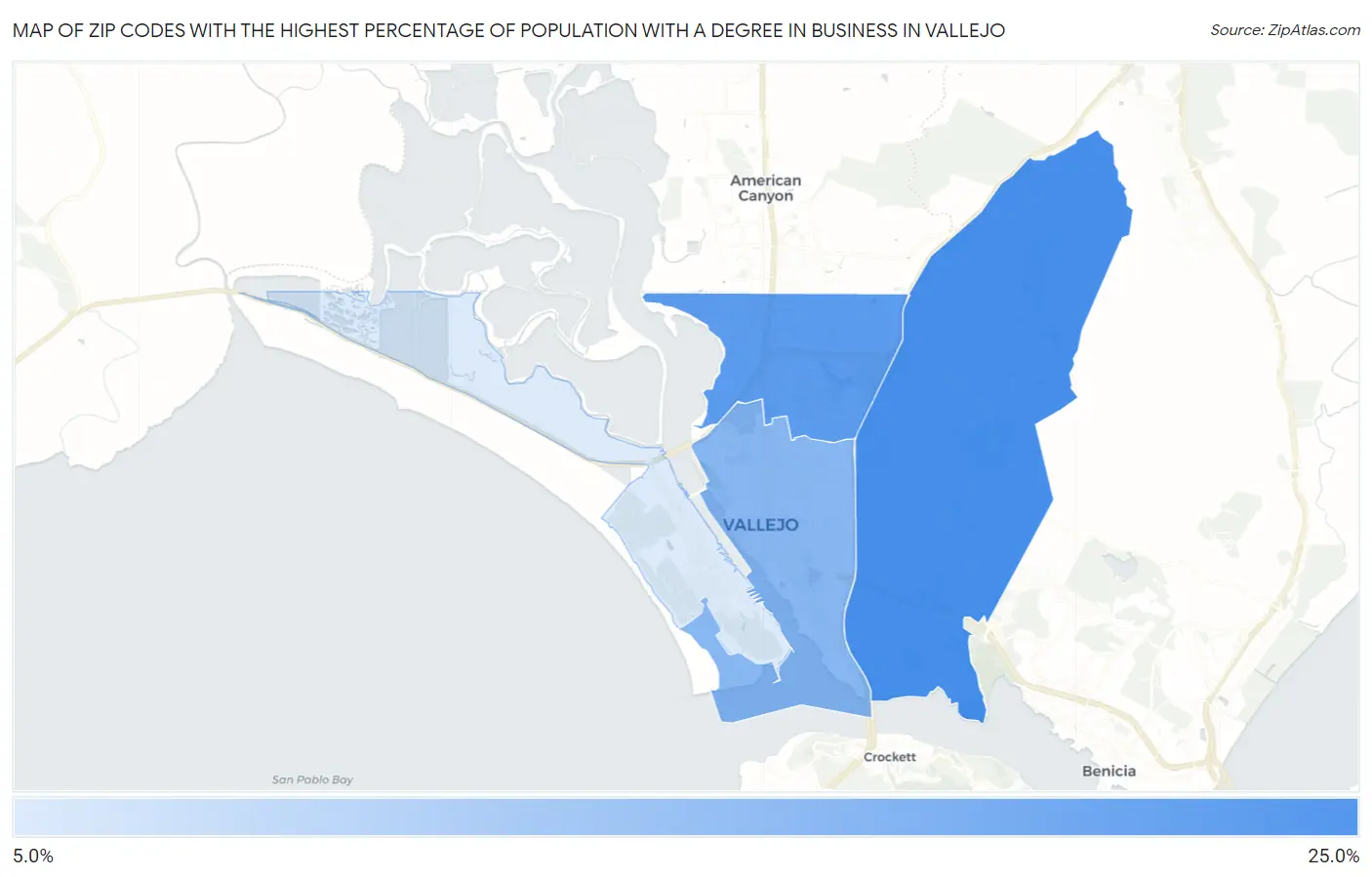 Zip Codes with the Highest Percentage of Population with a Degree in Business in Vallejo Map