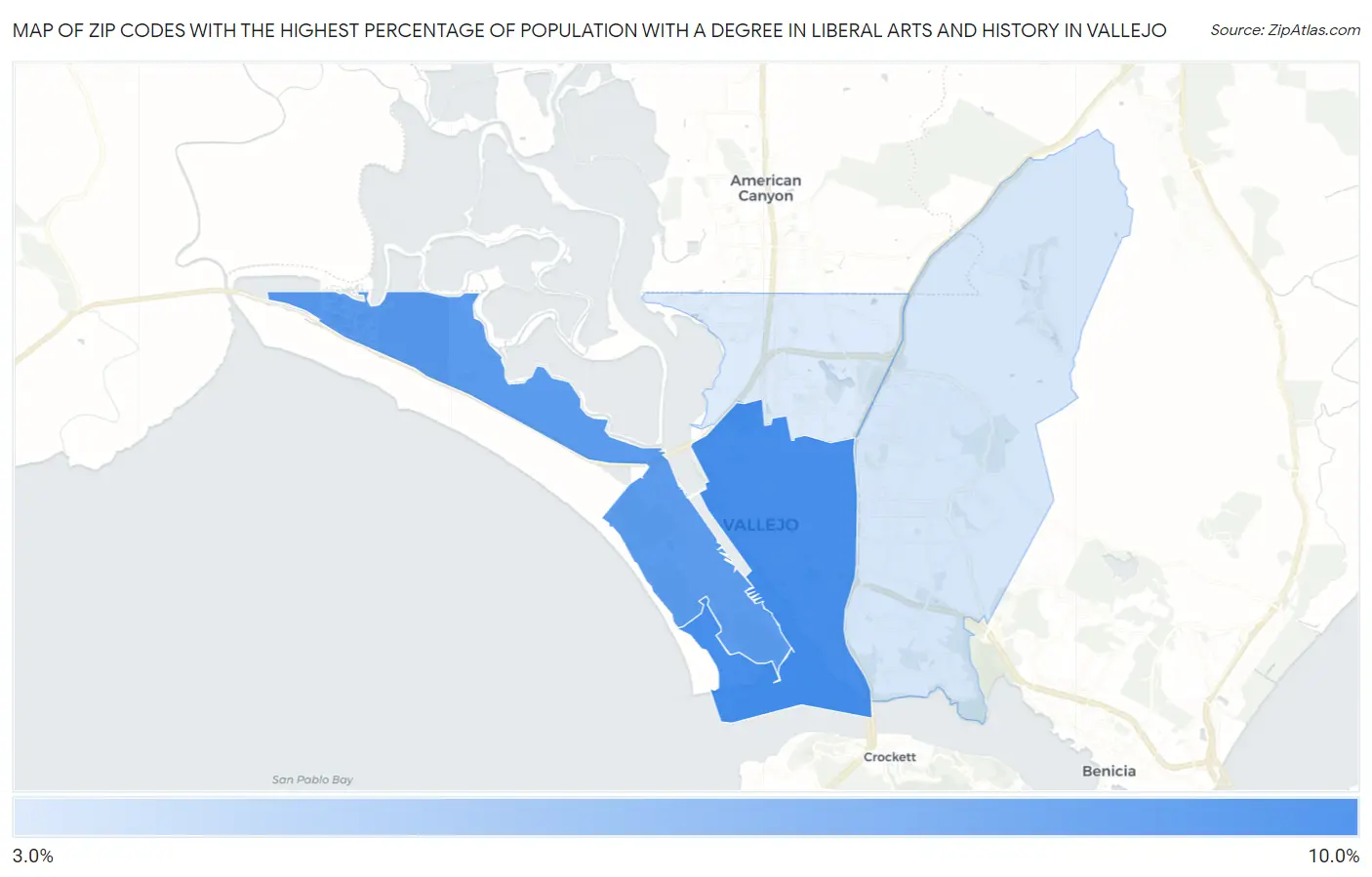 Zip Codes with the Highest Percentage of Population with a Degree in Liberal Arts and History in Vallejo Map