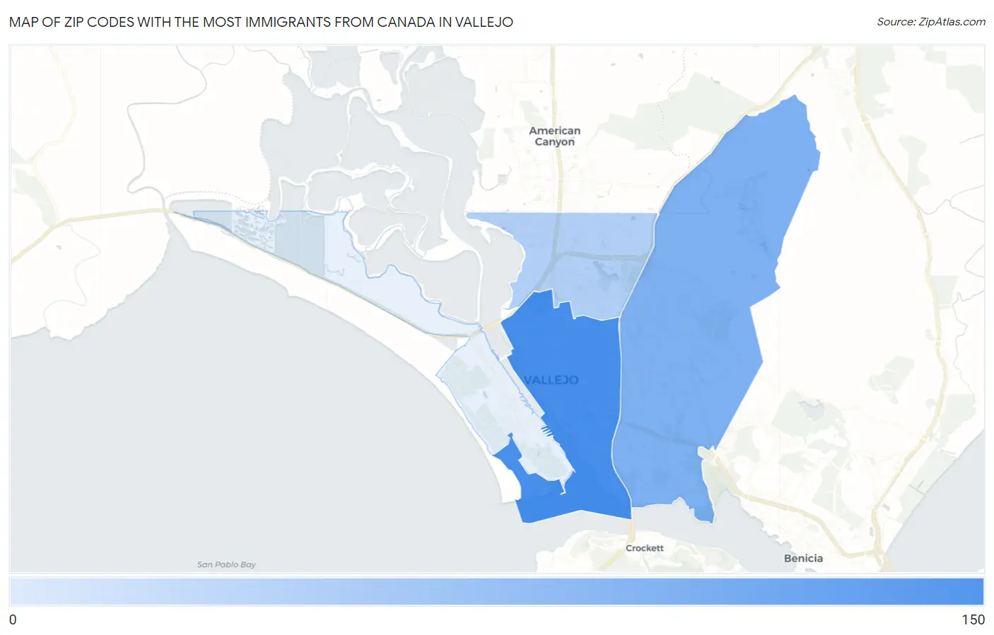 Zip Codes with the Most Immigrants from Canada in Vallejo Map