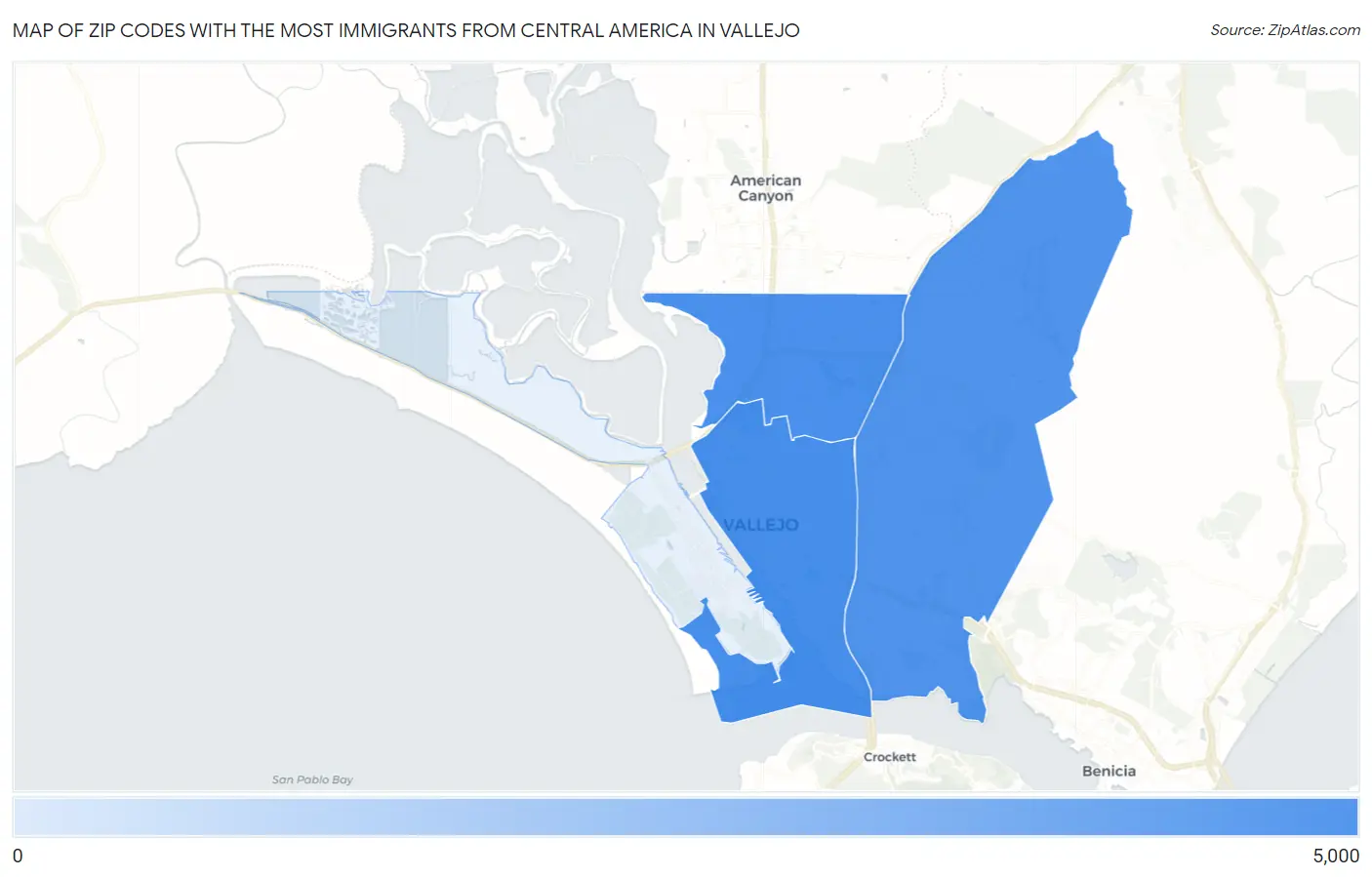 Zip Codes with the Most Immigrants from Central America in Vallejo Map