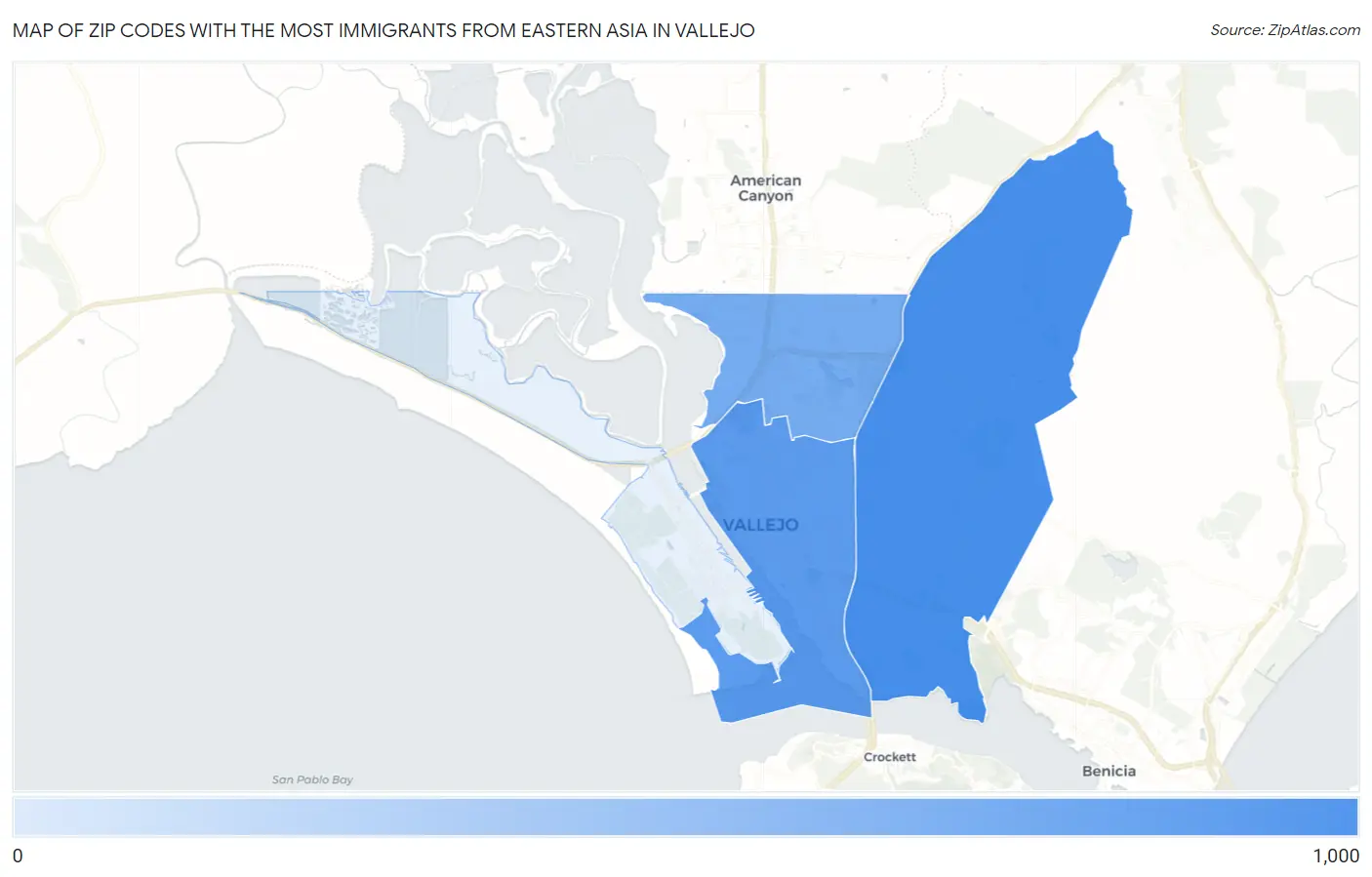 Zip Codes with the Most Immigrants from Eastern Asia in Vallejo Map