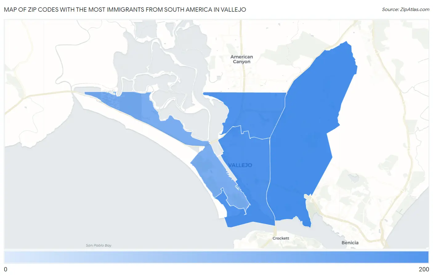 Zip Codes with the Most Immigrants from South America in Vallejo Map