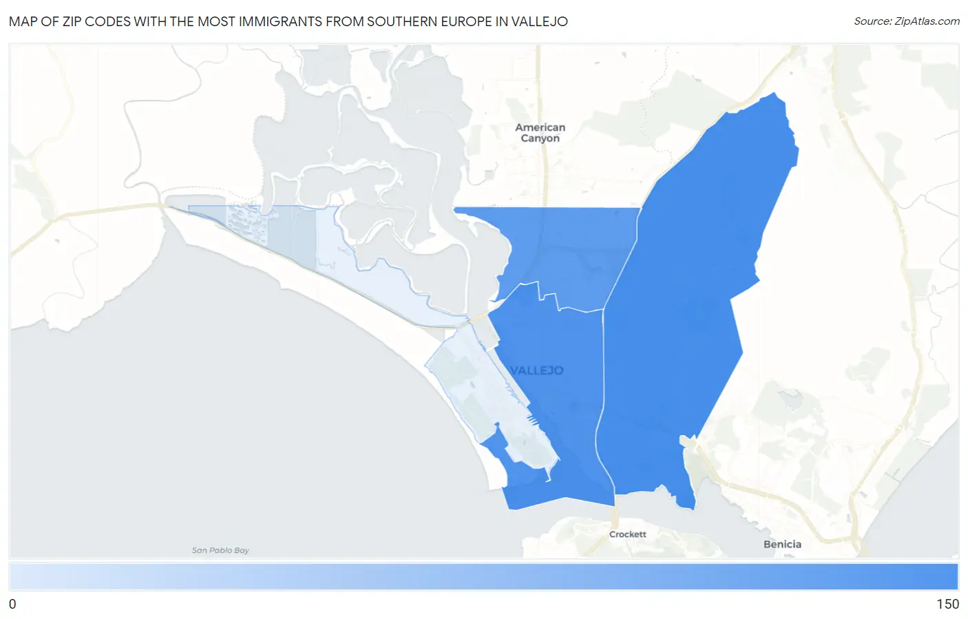Zip Codes with the Most Immigrants from Southern Europe in Vallejo Map