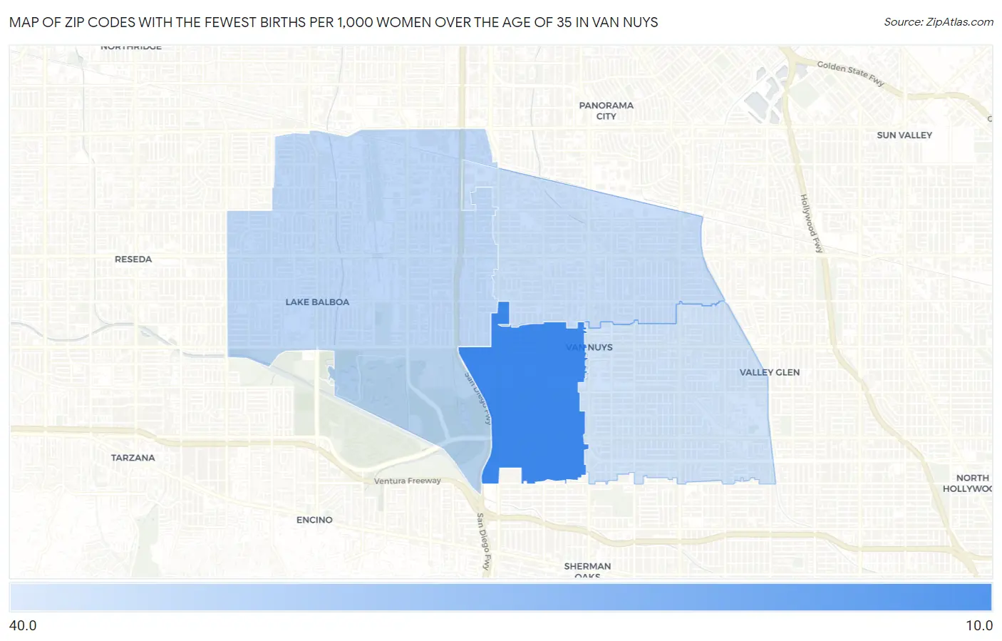Zip Codes with the Fewest Births per 1,000 Women Over the Age of 35 in Van Nuys Map