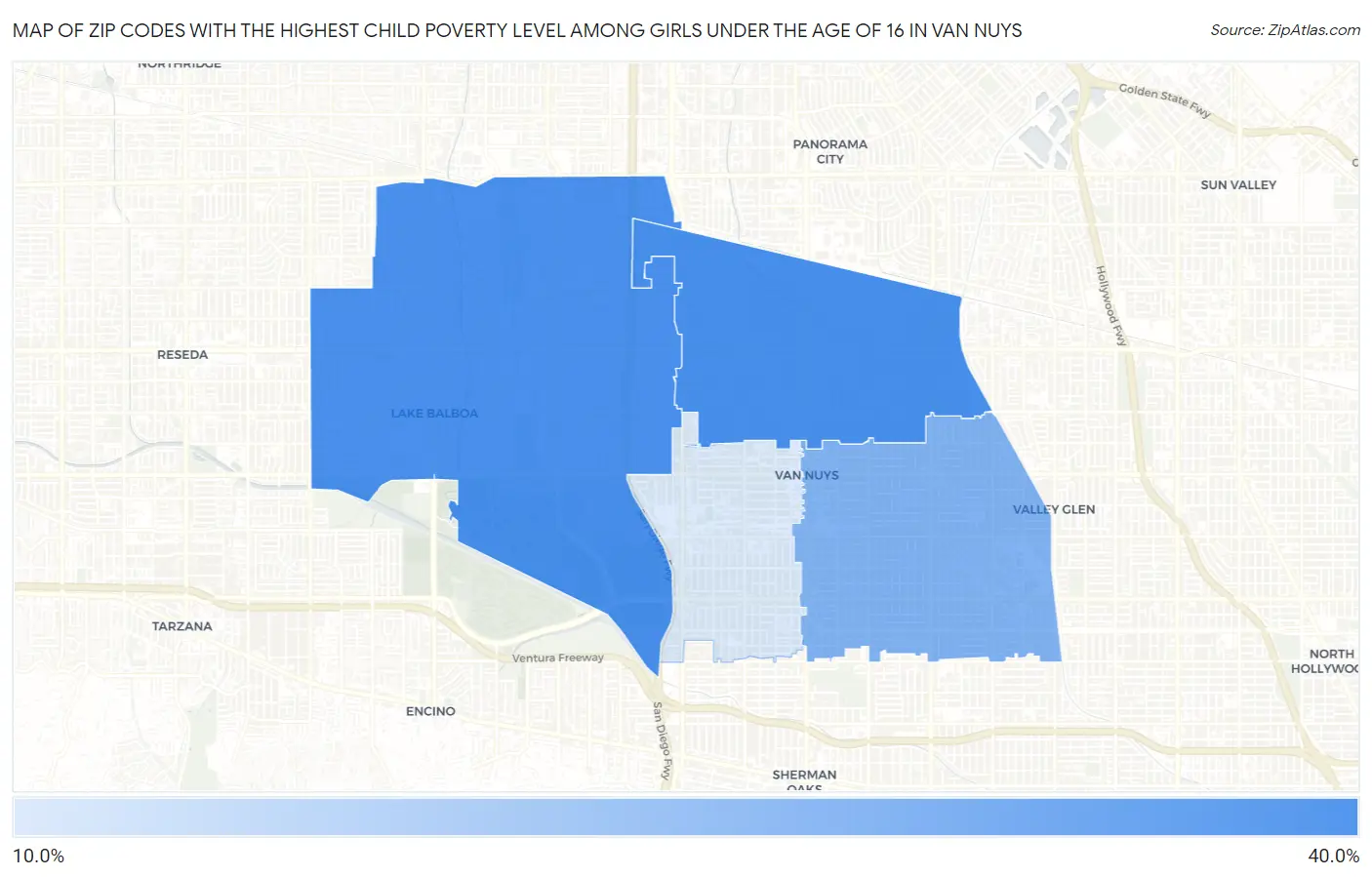 Zip Codes with the Highest Child Poverty Level Among Girls Under the Age of 16 in Van Nuys Map