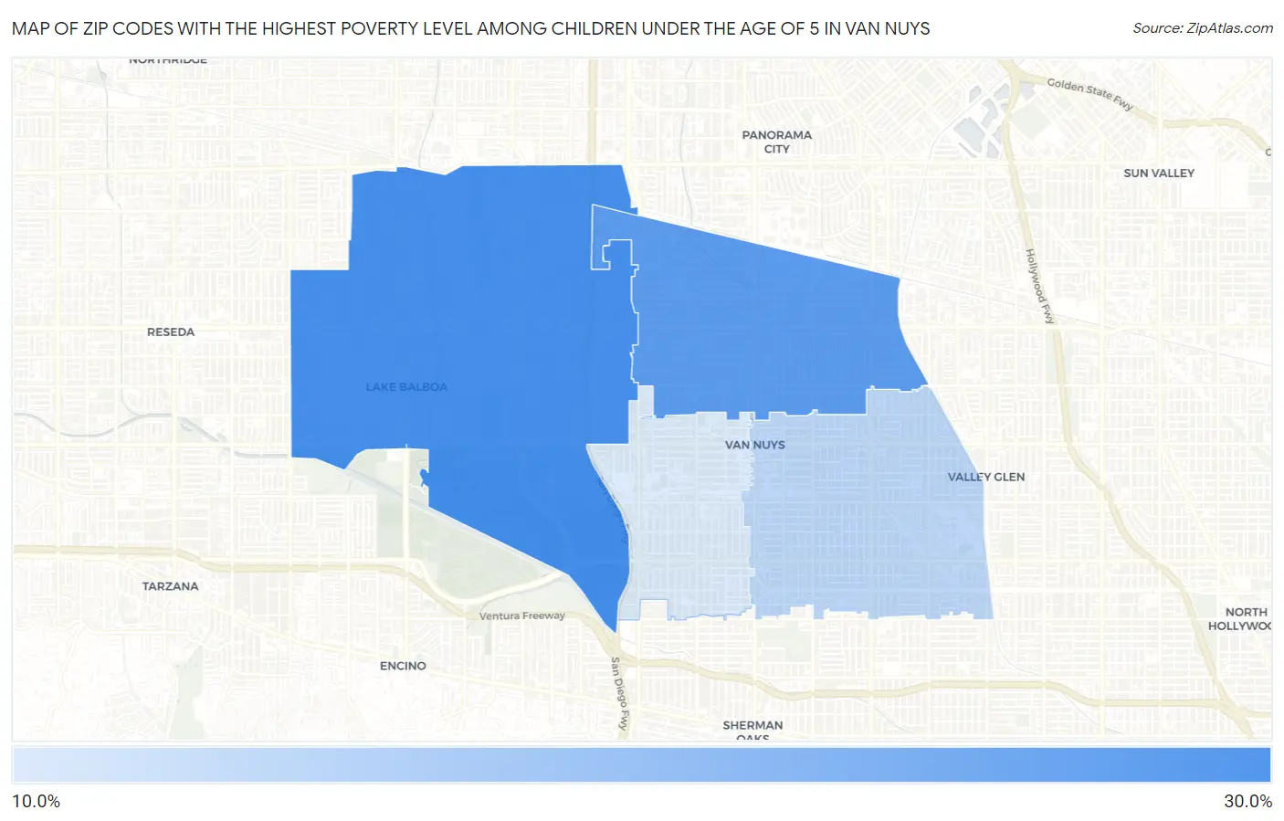 Zip Codes with the Highest Poverty Level Among Children Under the Age of 5 in Van Nuys Map