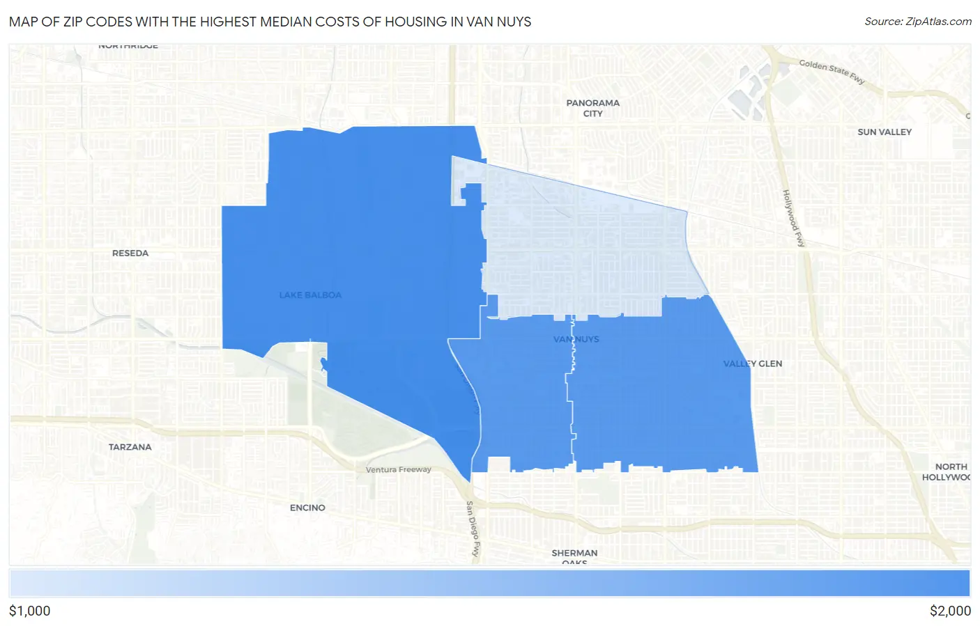 Zip Codes with the Highest Median Costs of Housing in Van Nuys Map