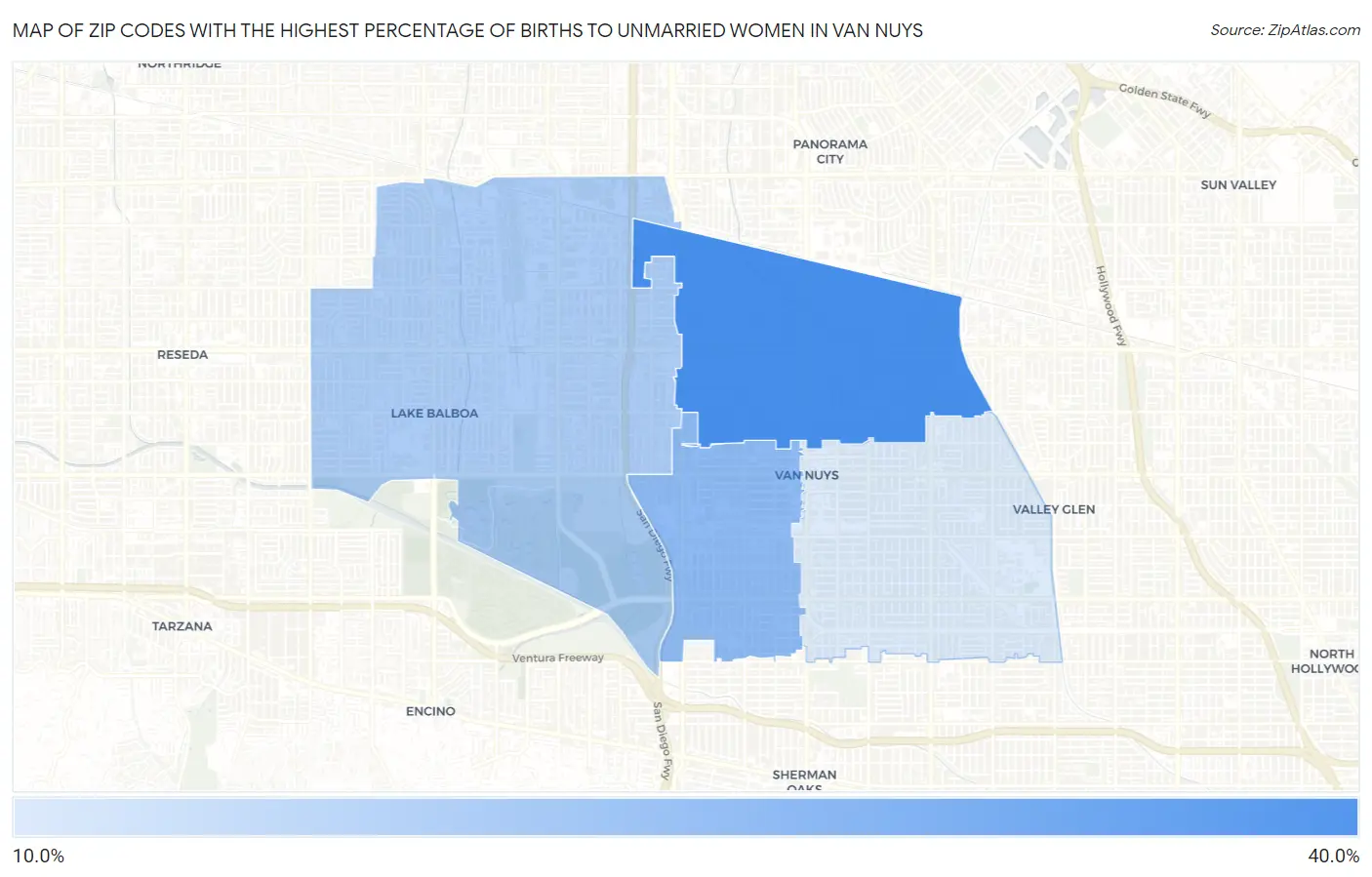 Zip Codes with the Highest Percentage of Births to Unmarried Women in Van Nuys Map