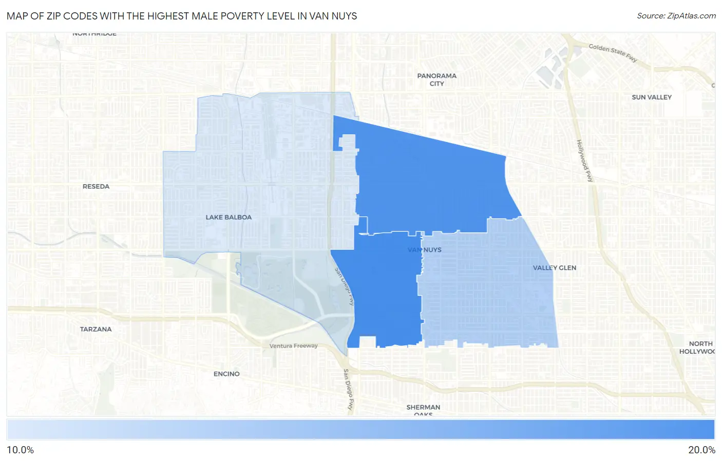 Zip Codes with the Highest Male Poverty Level in Van Nuys Map