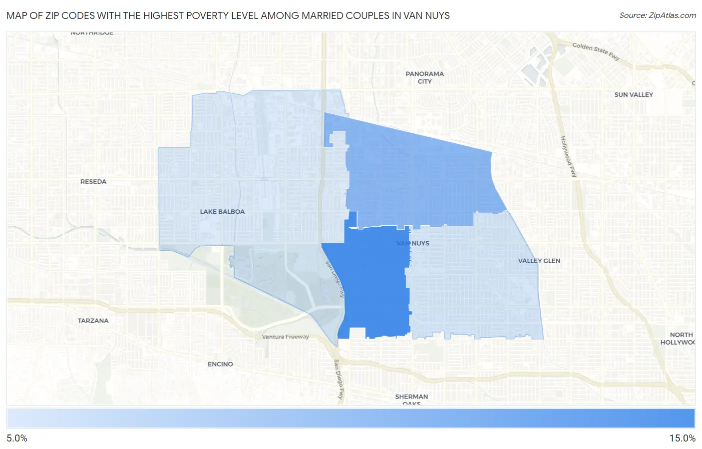 Zip Codes with the Highest Poverty Level Among Married Couples in Van Nuys Map