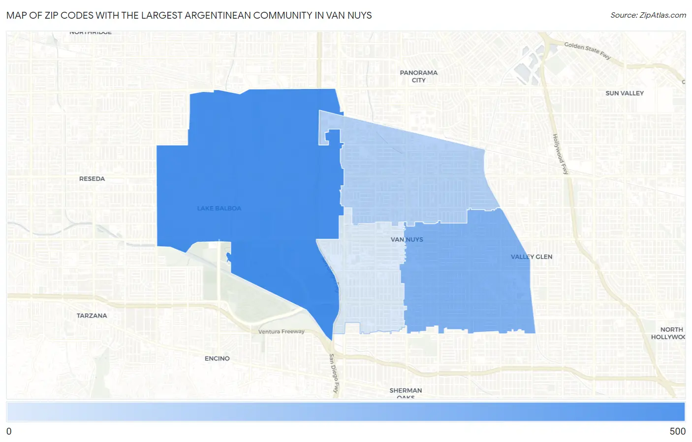 Zip Codes with the Largest Argentinean Community in Van Nuys Map