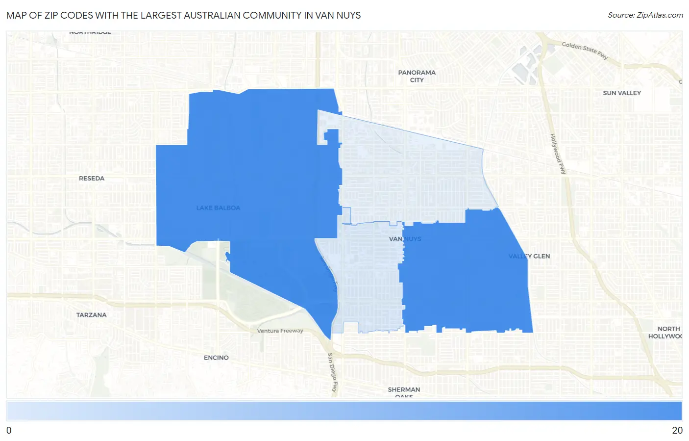 Zip Codes with the Largest Australian Community in Van Nuys Map