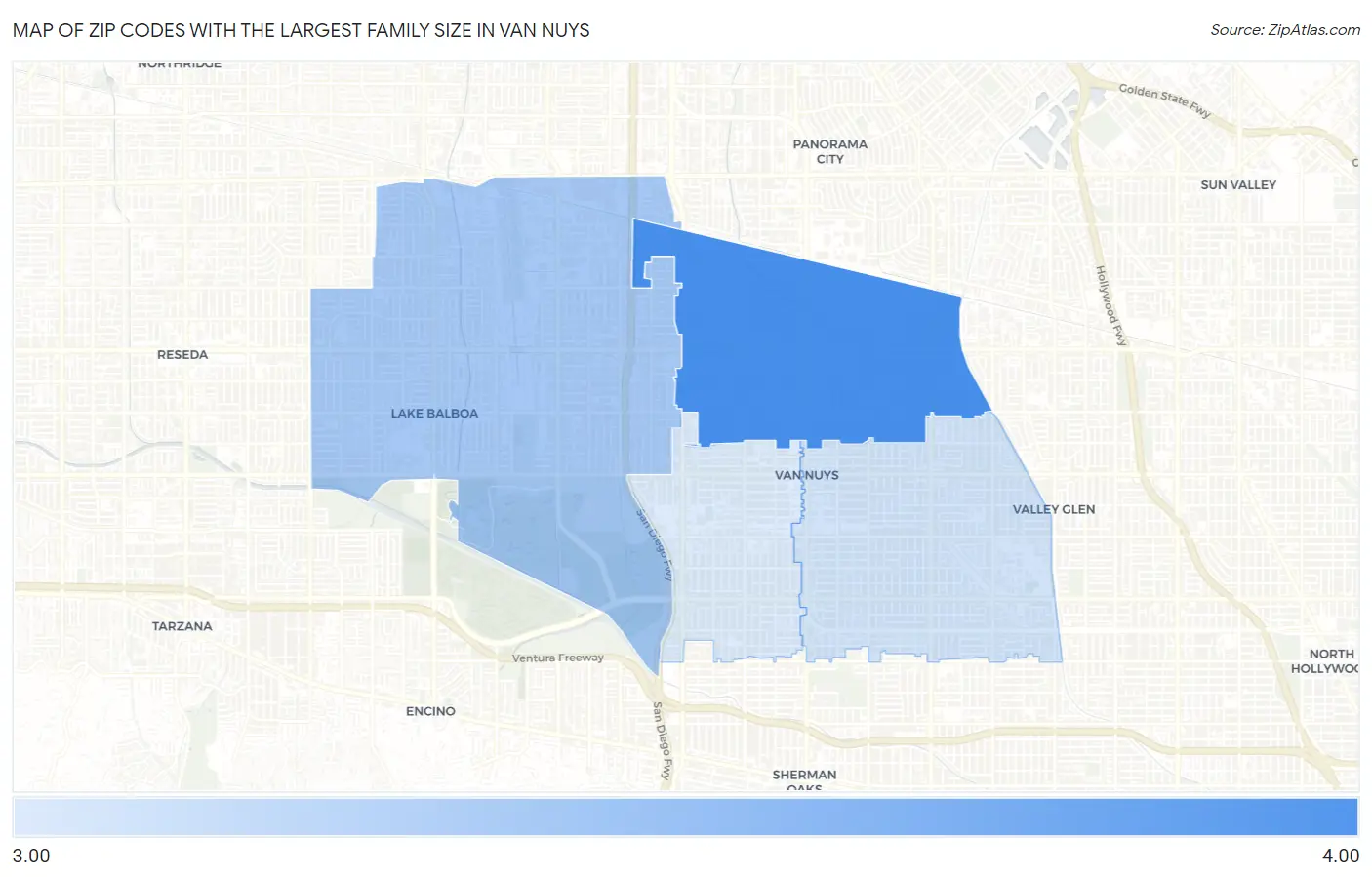 Zip Codes with the Largest Family Size in Van Nuys Map