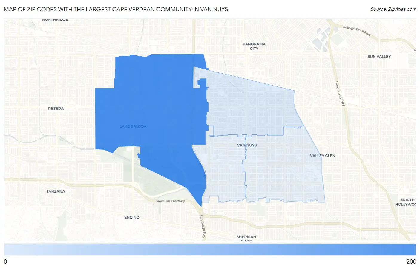 Zip Codes with the Largest Cape Verdean Community in Van Nuys Map