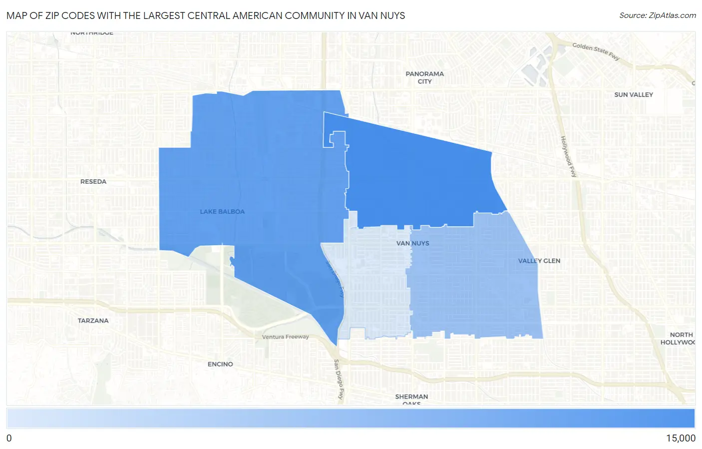 Zip Codes with the Largest Central American Community in Van Nuys Map