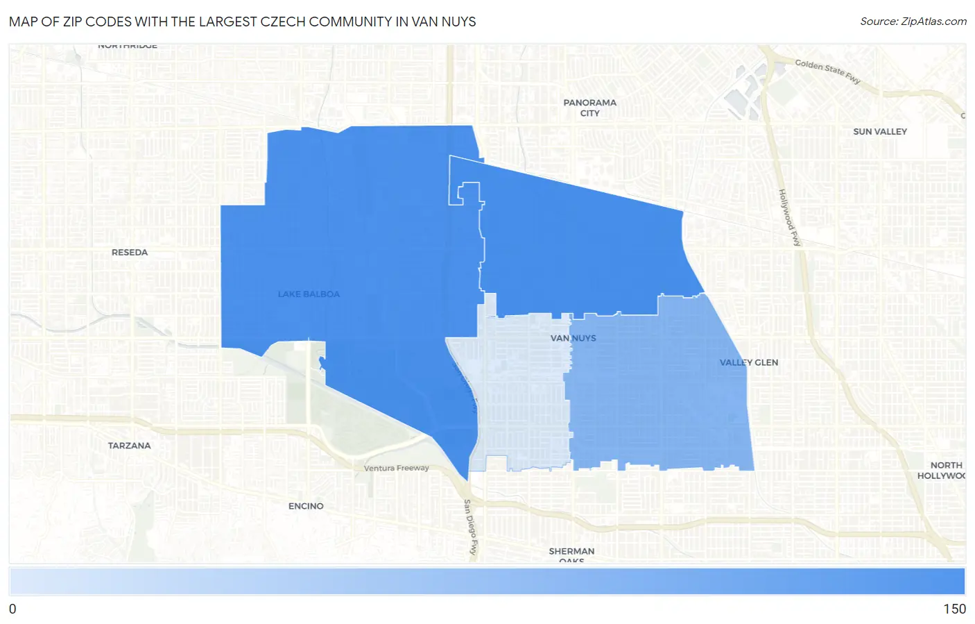 Zip Codes with the Largest Czech Community in Van Nuys Map