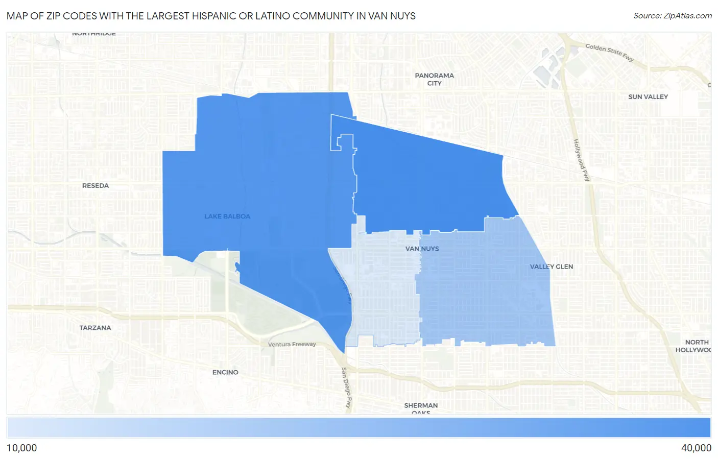 Zip Codes with the Largest Hispanic or Latino Community in Van Nuys Map