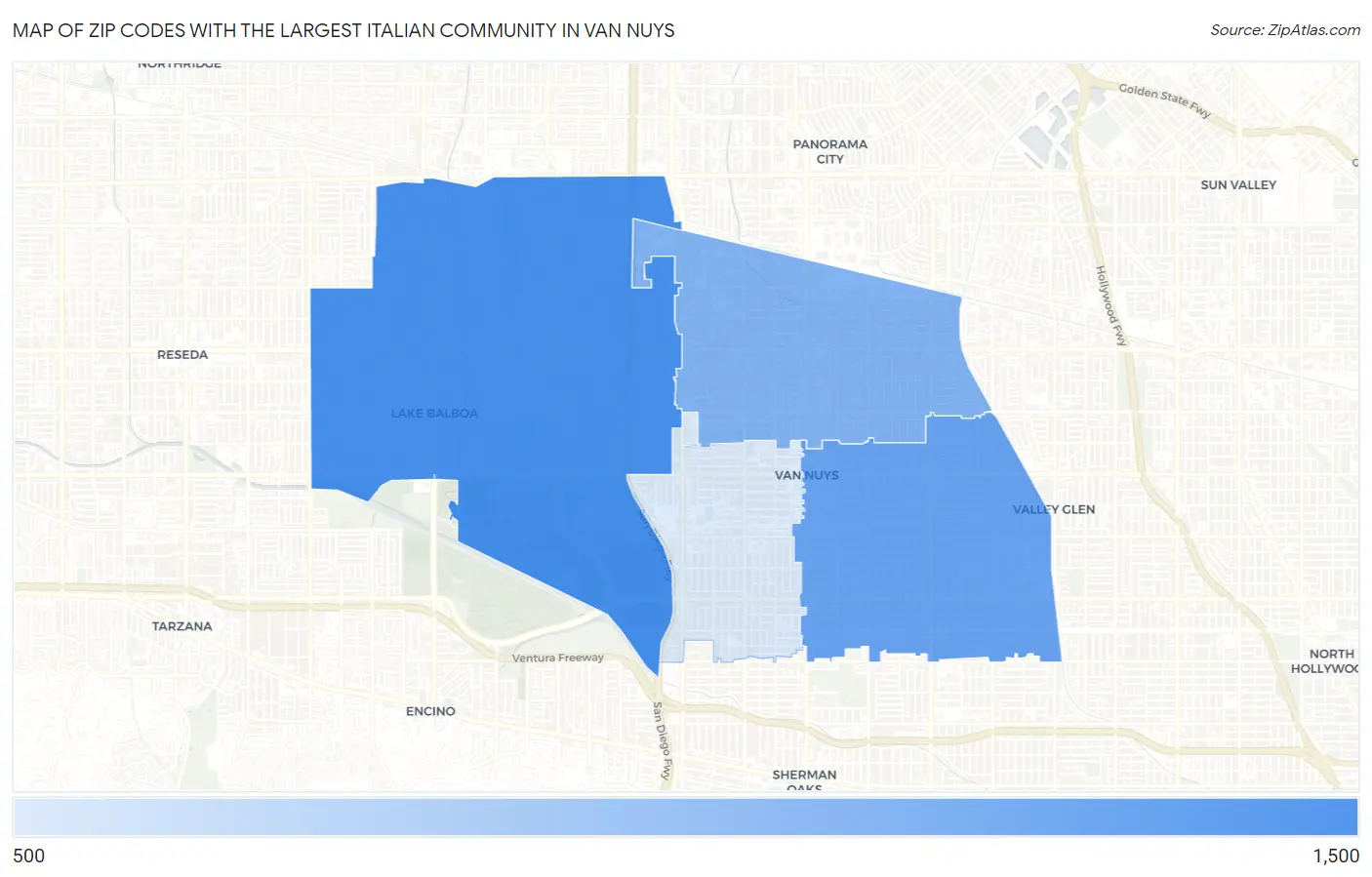 Zip Codes with the Largest Italian Community in Van Nuys Map