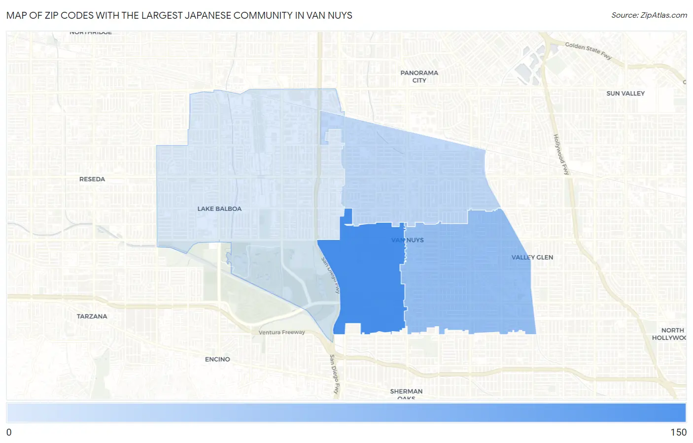 Zip Codes with the Largest Japanese Community in Van Nuys Map