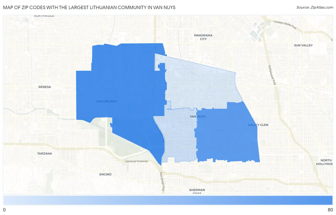 Zip Codes with the Largest Lithuanian Community in Van Nuys Map
