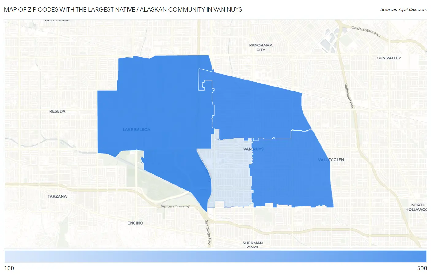 Zip Codes with the Largest Native / Alaskan Community in Van Nuys Map