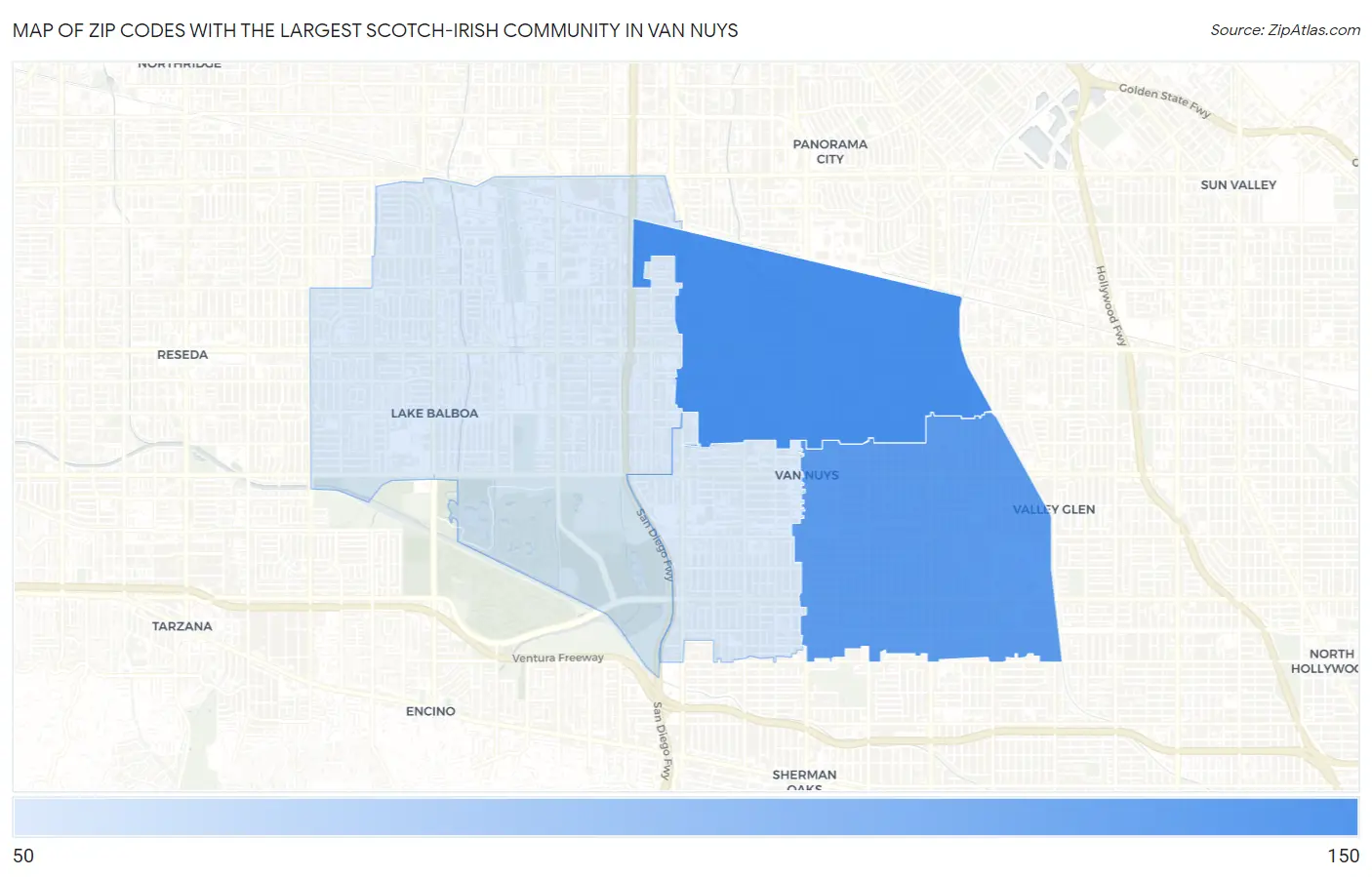 Zip Codes with the Largest Scotch-Irish Community in Van Nuys Map