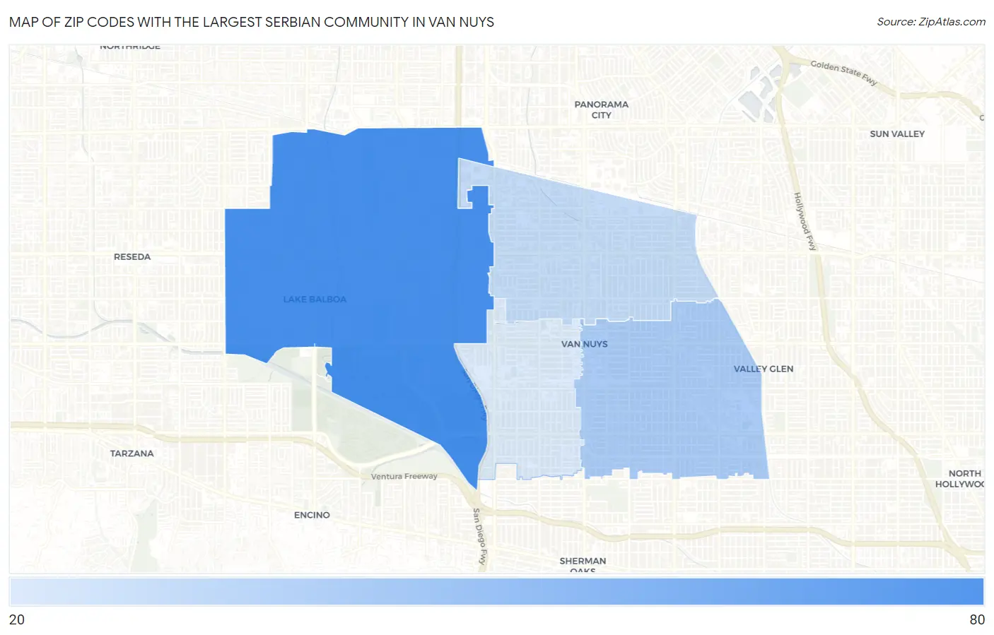 Zip Codes with the Largest Serbian Community in Van Nuys Map
