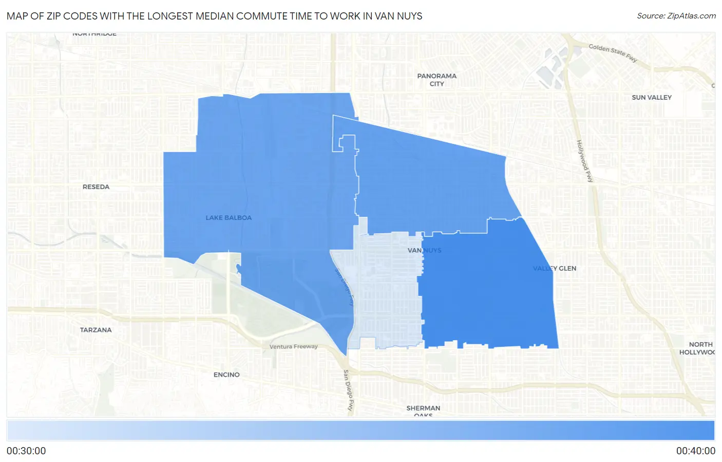 Zip Codes with the Longest Median Commute Time to Work in Van Nuys Map