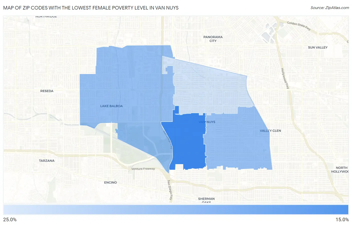 Zip Codes with the Lowest Female Poverty Level in Van Nuys Map