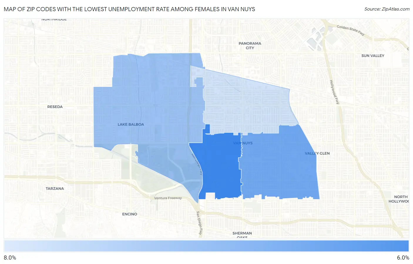 Zip Codes with the Lowest Unemployment Rate Among Females in Van Nuys Map