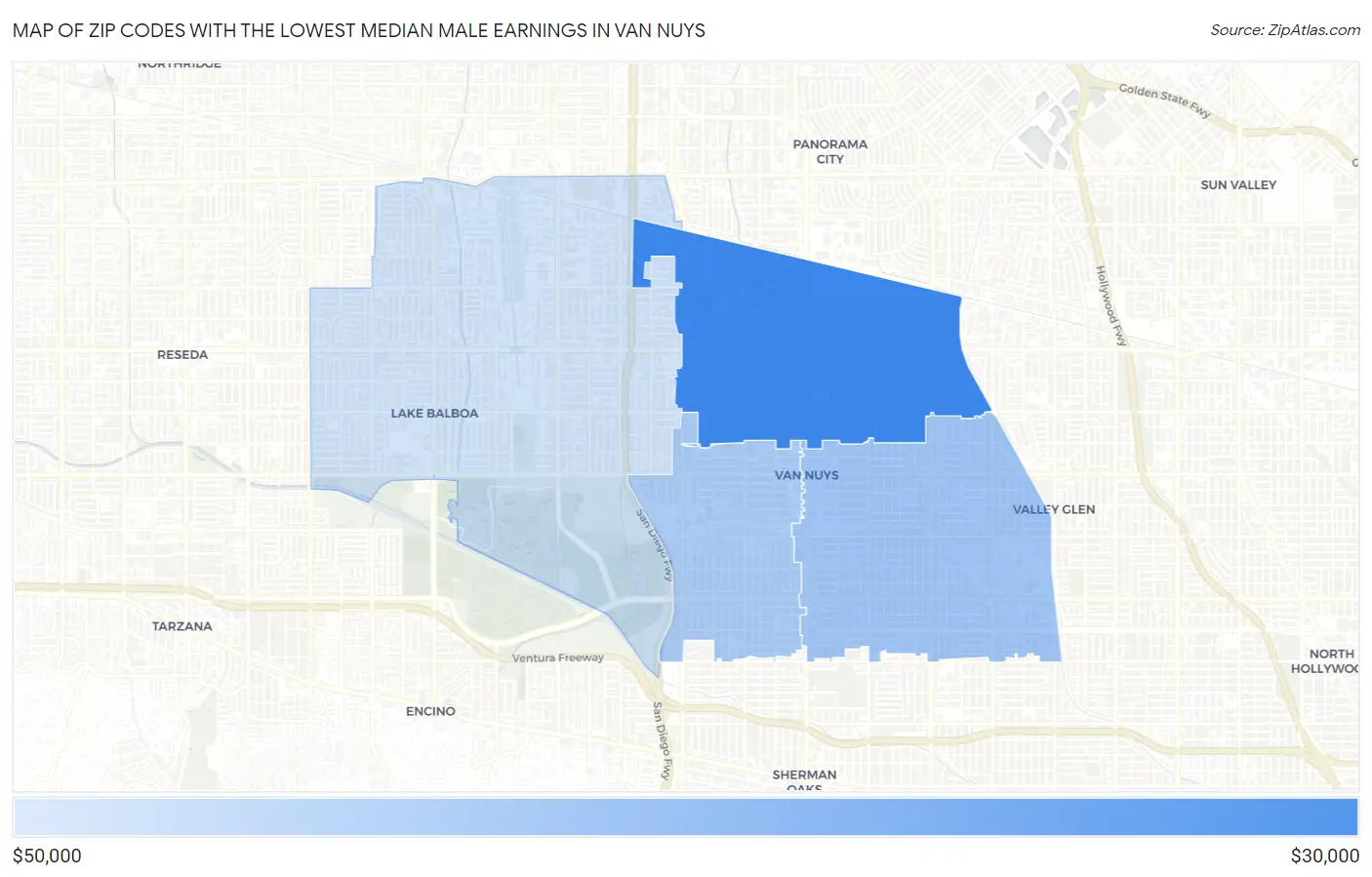 Zip Codes with the Lowest Median Male Earnings in Van Nuys Map
