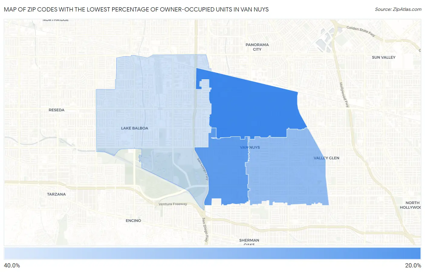 Zip Codes with the Lowest Percentage of Owner-Occupied Units in Van Nuys Map